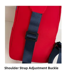 Detail view of red nylon bag with navy woven strap and adjustable black plastic buckle