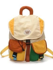 Multicolor color-block nylon backpack with drawstring flap and front buckled pockets