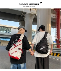 Rear view of couple wearing contrast color fashion chest bags with adjustable straps