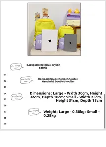 Detailed size specifications for color-block nylon kids backpack with plush bear pendant