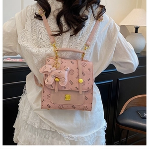 Mini sac à dos rose style britannique avec imprimé mignon et charm chien porté