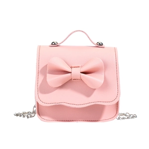 Pink mini crossbody bag for girls with cute bow decoration and silver metal chain strap