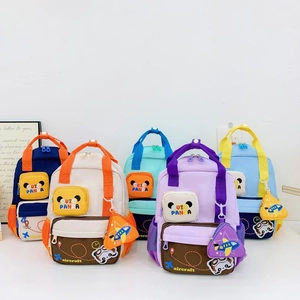 Cute Panda Cartoon Kids Backpack Nylon Color Block Schoolbag With Airplane Charm For Kindergarten Boys Girls
