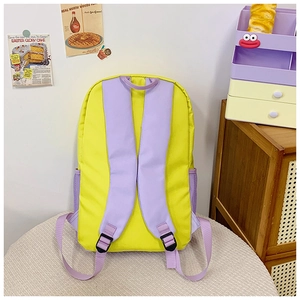 Back view of yellow and purple contrast backpack with padded straps and mesh pockets