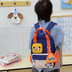 Cute cartoon airplane backpack for toddlers in navy blue with orange straps and panda detail