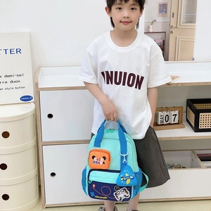 Mint green cartoon airplane backpack for kids with Cute Panda patch and 3D airplane charm