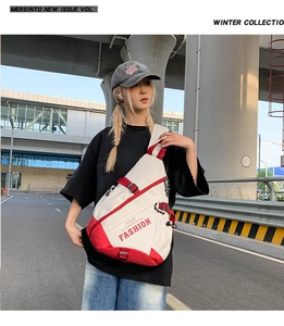 Detail of red and white crossbody chest bag with fashion letter print and tactical hook