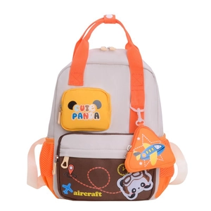 Cute cartoon airplane backpack for kids featuring a panda pattern and colorful patchwork design