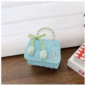 Detail of light blue lace girl's handbag featuring pearl handle and tulip charms