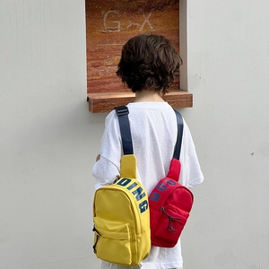 Childrens trendy crossbody chest bags in bright yellow and red with bold letter print