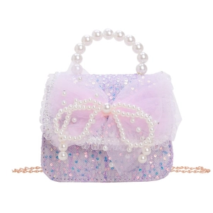 Mädchen Handtasche mit lila Pailletten, Netzschleife, Perlengriff und Goldkette