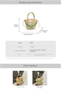 Detail view of woven straw beach bag with knit flowers, pearl chain, and product size specs