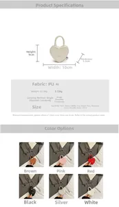 Tableau des tailles et détails pour mini sac à bandoulière en similicuir en forme de cœur