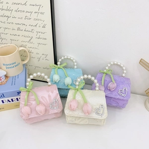 Girls Mini Shoulder Bag Lace Sequin Sweet Tulip Artificial Pearl Handle Crossbody Handbag For Kids Toddler