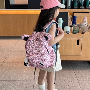 Pink leopard print kids backpack with cat ears and paw embroidery for girls