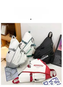 Detailed close-up of fashion sling bags in various colors with adjustable buckle straps