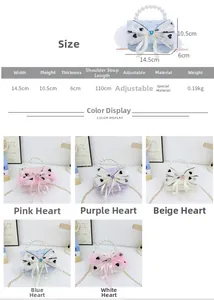 Size chart and color display of girls tweed handbag with pearl handle and bow details