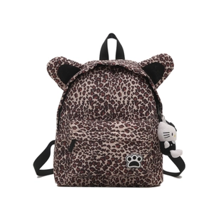 Cute leopard print schoolbag for kids with 3D cat ears and adorable plush pendant