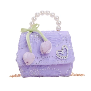Purple girls shoulder bag with pearl handle, floral lace design and tulip pendant charm