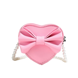 Pink heart-shaped girl's crossbody bag with bow decoration and pearl chain strap