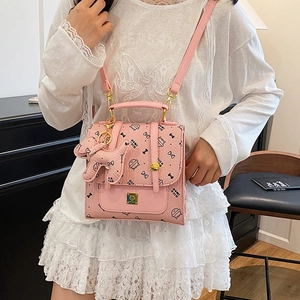 Sac à main rose style britannique avec imprimés chat et pendentif chiot mignon