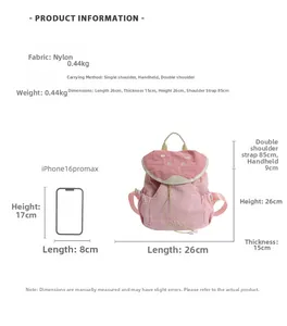 Detailed size specifications for a pink nylon backpack with watermelon pattern embroidery