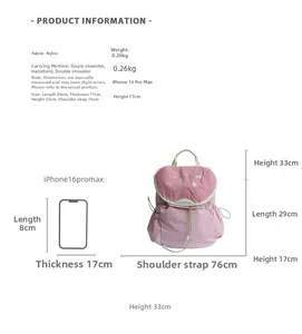Detail view of pink nylon kids backpack showing 0.26kg weight and size dimensions