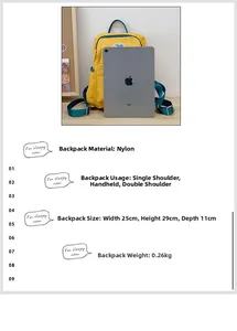 Detail showing 25x29x11cm dimensions of yellow nylon kids backpack with iPad for scale