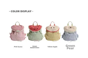 Four fruit-themed children's canvas backpacks in pink guava, green watermelon, and apple