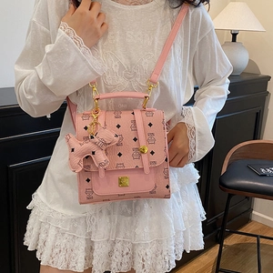 Pink quilted cross-body bag with cute puppy pendant and cat print on PU leather