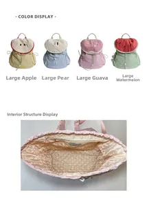 Detailed interior view and color variety of fruit-themed waterproof backpacks for kids
