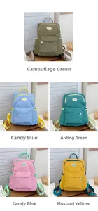 Vertical collage of kids nylon backpacks in candy colors and camouflage green