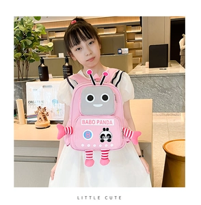Pink robot panda backpack for girls featuring Babo Panda design and 3D striped details