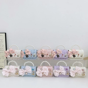 Girls Sweet Princess Handbag Tweed Artificial Pearl Handle Bow Decor Fashion Chain Crossbody Shoulder Bag Kids Accessory Elegant