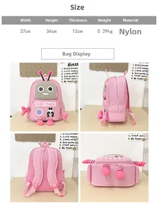 Robot panda backpack size chart showing 27x34x12cm dimensions and nylon material