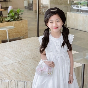 Cute white lace princess dress for girls with pearl handbag and black beret accessory