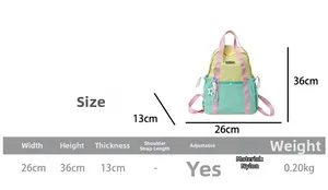 Size chart showing dimensions 26x36x13cm for the lightweight nylon kids backpack