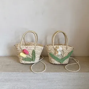 Handmade Straw Bucket Bag Women Crochet Flower Decor Artificial Pearl Chain Strap Summer Beach Vacation Sweet Handbag