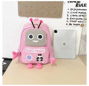 Detailed view of pink robot kids backpack next to an iPad showing large capacity size
