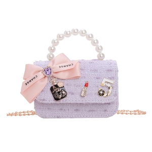 Mini pearl handle tweed handbag with pink bow and golden chain strap for girls