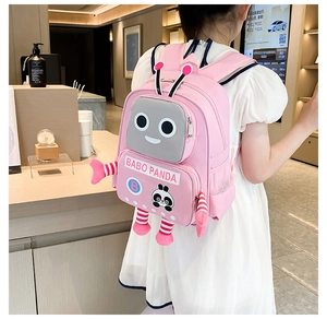 Pink robot panda backpack for girls with 3D antennas and breathable mesh side pockets