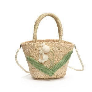 Fresh straw woven shoulder bag with floral embroidery and pearl chain for summer beach