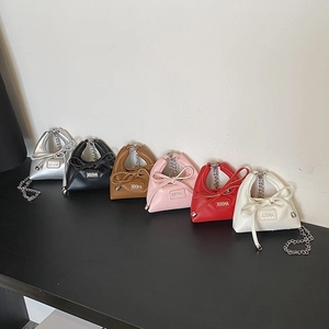 Girls Mini Crossbody Bag PU Leather Bow Knot Handbag Metal Chain Shoulder Bag Korean Fashion Sweet Style