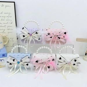 Girls Tweed Crossbody Bag Artificial Pearl Beads Heart Bow Gemstone Princess Party Small Handbag Elegant Shoulder Bag