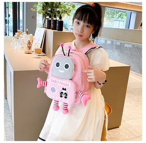 Asian girl wearing a pink panda robot backpack with stereoscopic decorative details