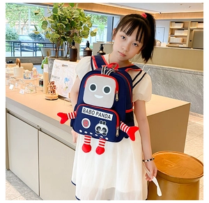 Detail of blue robot backpack with 3D plush arms and legs for school children