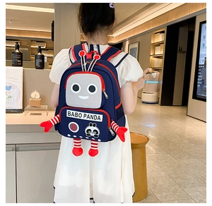 Detail view of robot panda kids backpack with 3D limb accents and high-quality nylon texture