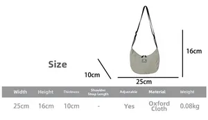 Size chart for oxford cloth dumpling bag showing dimensions 25x16x10cm with gray product