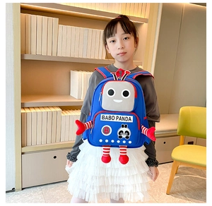 Detailed back view of a blue robot panda backpack with adjustable straps on a child