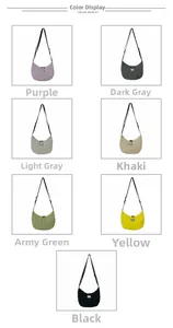 Collage of seven solid color crescent crossbody bags with adjustable straps and logo patch